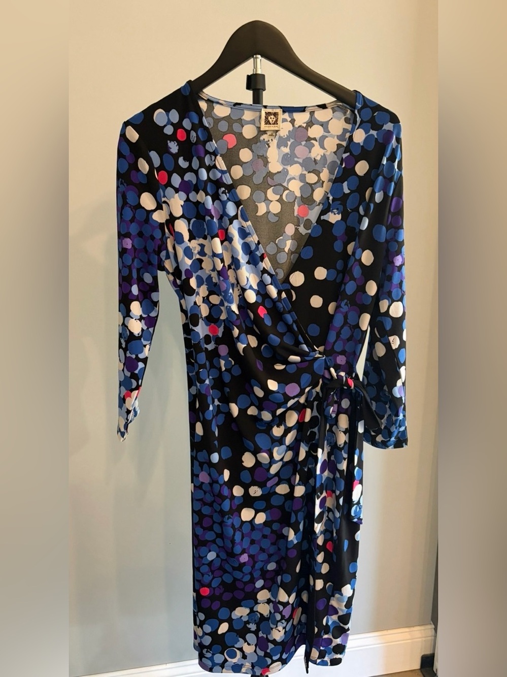 Anne Klein Black Wrap Dress with Blue, White & Purple Dot Print
